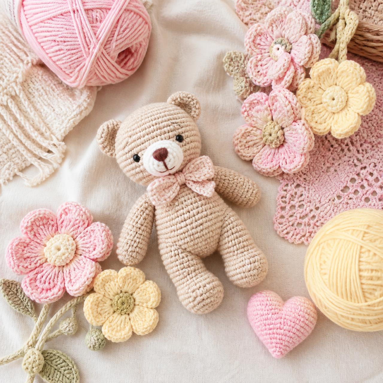 Handmade crochet teddy bear, pastel crochet flowers, a crochet heart and balls of pastel yarn on a cream linen cloth
